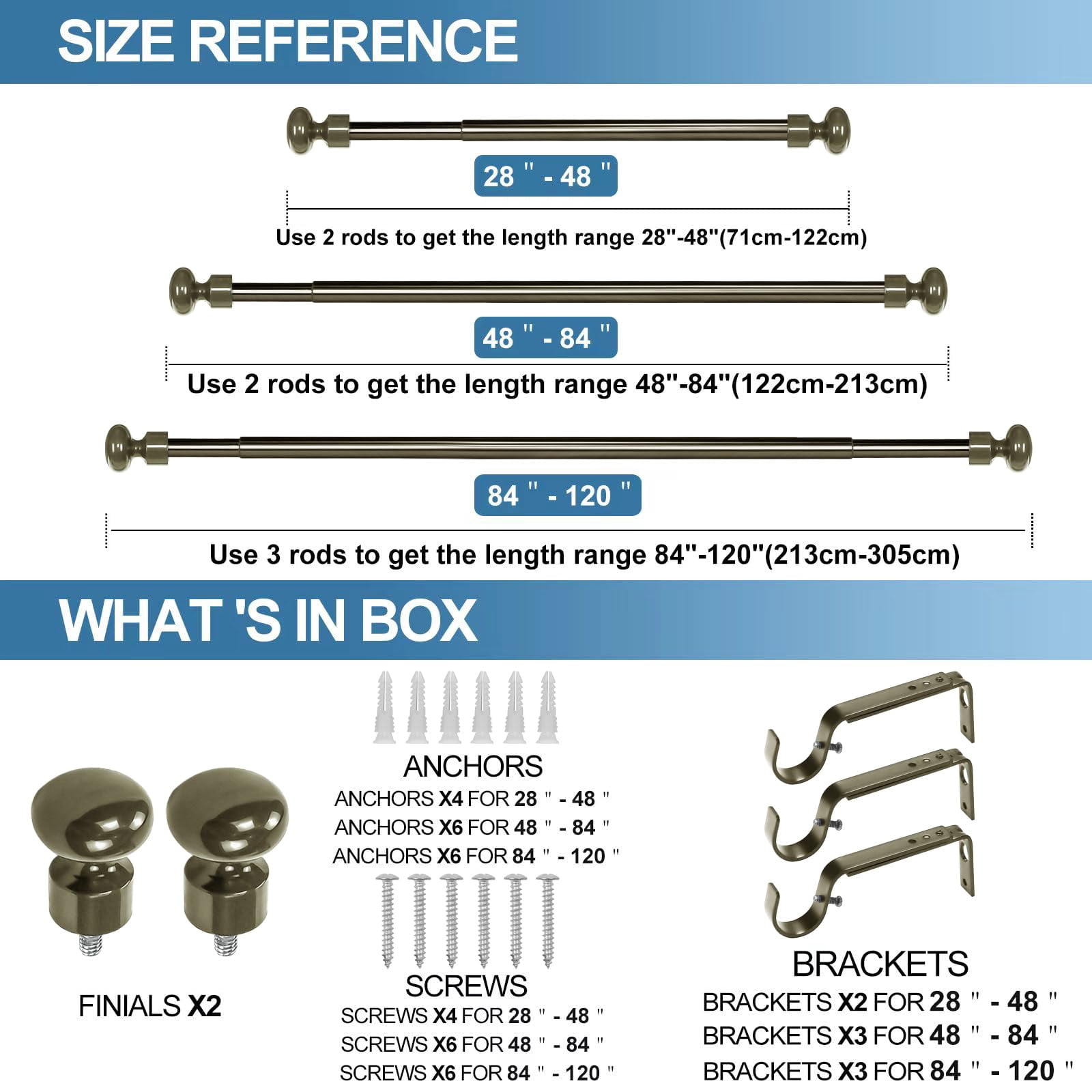 Urbanest Oval Designer Single Curtain Rod – Decorative Metal Finials, 5/8" Diamter Drapery Hardware Set Window Treatments, 48" to 84", Antique Gold