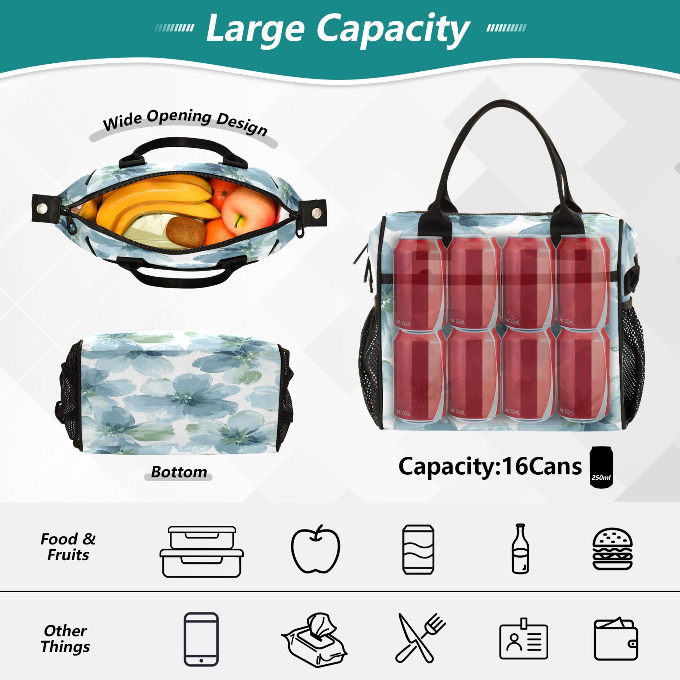 WOBOGO Elegant Flowers in Shades Of Blue Lunch Bag Large Capacity Leak Proof Insulation Soft Adult Men and Women Universal 11×10.6×5.5in
