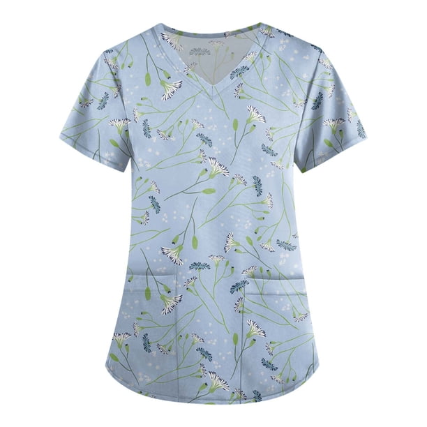 Top de trabajo de manga corta con cuello en v SCZ para mujer estampado azul claro talla S