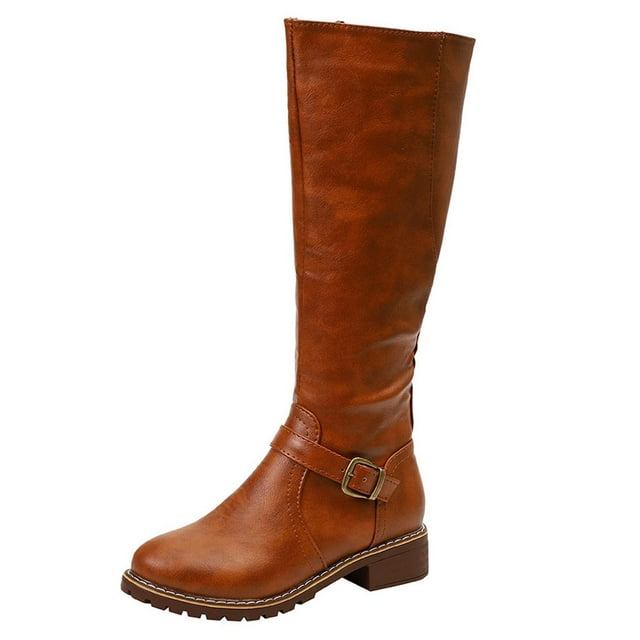 jsaierl Bottes pour Femmes Chaussures Rétro Décontractées Bottes Épaisses à Talons Bas Grande Taille Mi-Mollet Bottes à Fermeture Éclair