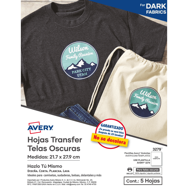 5 Hojas Transfer Tela Negro Avery 03279 Sublimacion 21.7 X 27.9 Forma Rectangular Adhesivo Impresion
