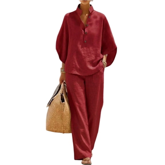 Linen Sets for Women 2 Piece Batwing Sleeve Henley Shirt Wide Leg Pants Set Summer Casual Outfit