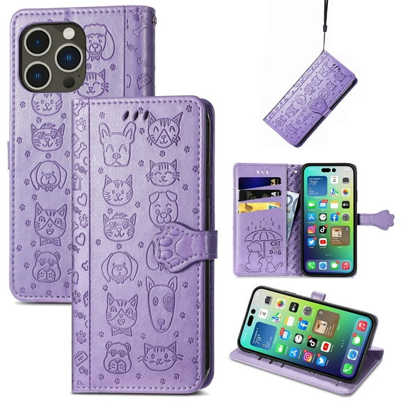 SaniMore for iPhone 14 Pro PU Leather Flip Wallet Case, Cat Dog Cartoon Cute Style with ID Card Holder Kickstad Cover Case with Wrist Strap for iPhone 14 Pro 6.1" 2022, Purple