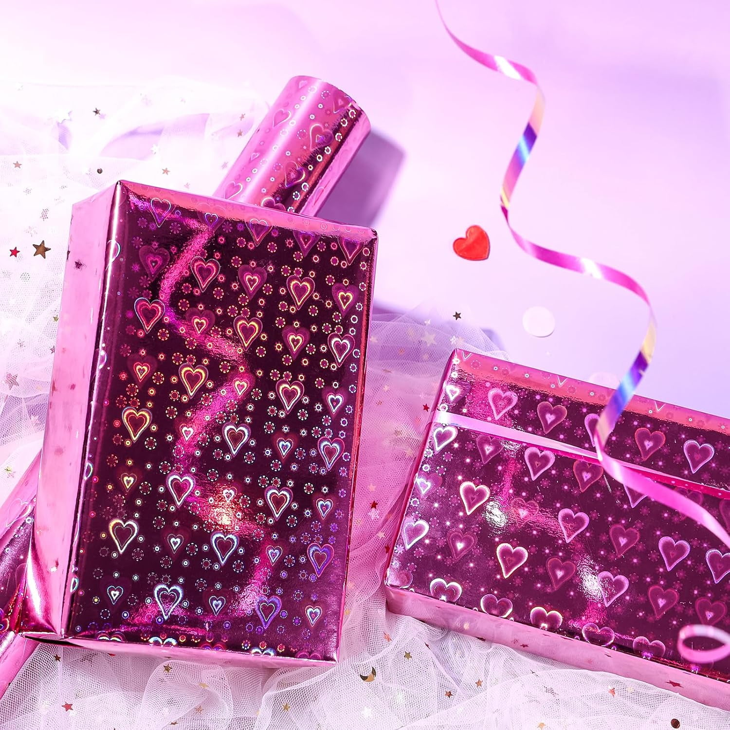 Pink Holographic Wrapping Paper Roll, Shiny Heart Pattern Metallic Foil for Valentines, Wedding, Anniversary, Birthday & Party Celebrations, Mini Roll 17 in x 32.8 ft