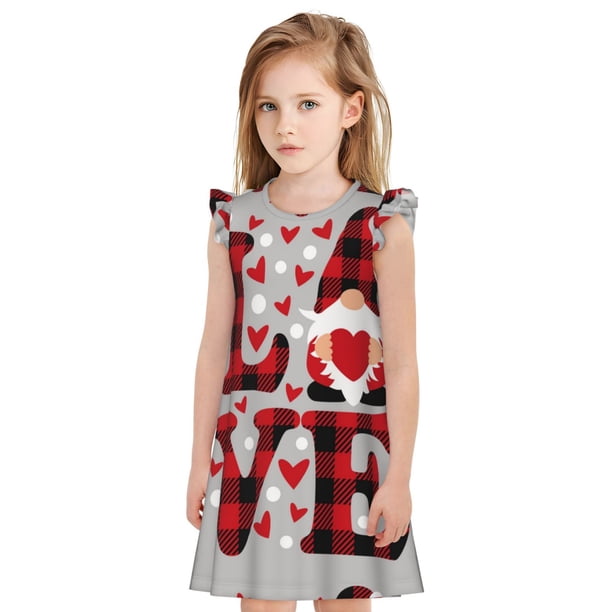 Fotbe Buffalo Plaid Love And Gnome Vestido de Dormir para Niñas de 3 a 10 Años, Mangas Cortas, Estilo Princesa, Pijama Camisón con Mangas Voladas-Large