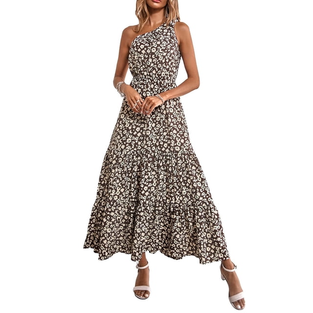 Maxi Vestido Floral Bohemio, Poliéster, Un Hombro, Vestido Floral, Nudo Con Volantes, Cómodo Para El Trabajo Para Mujeres OTVIAP Café S