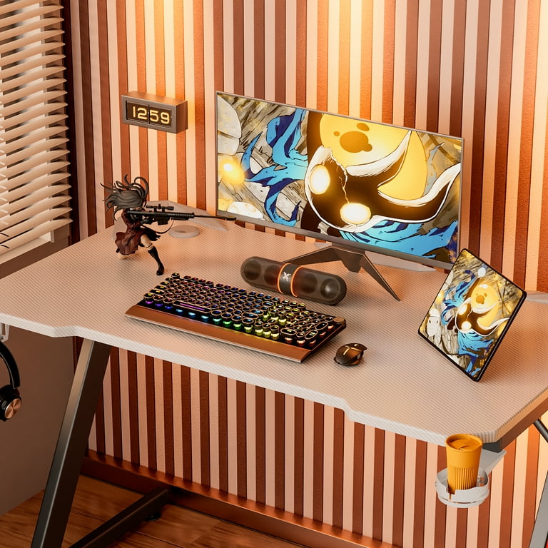LACOO Z-Shape 44in Gaming Desk Carbon Fiber Surface with Cup