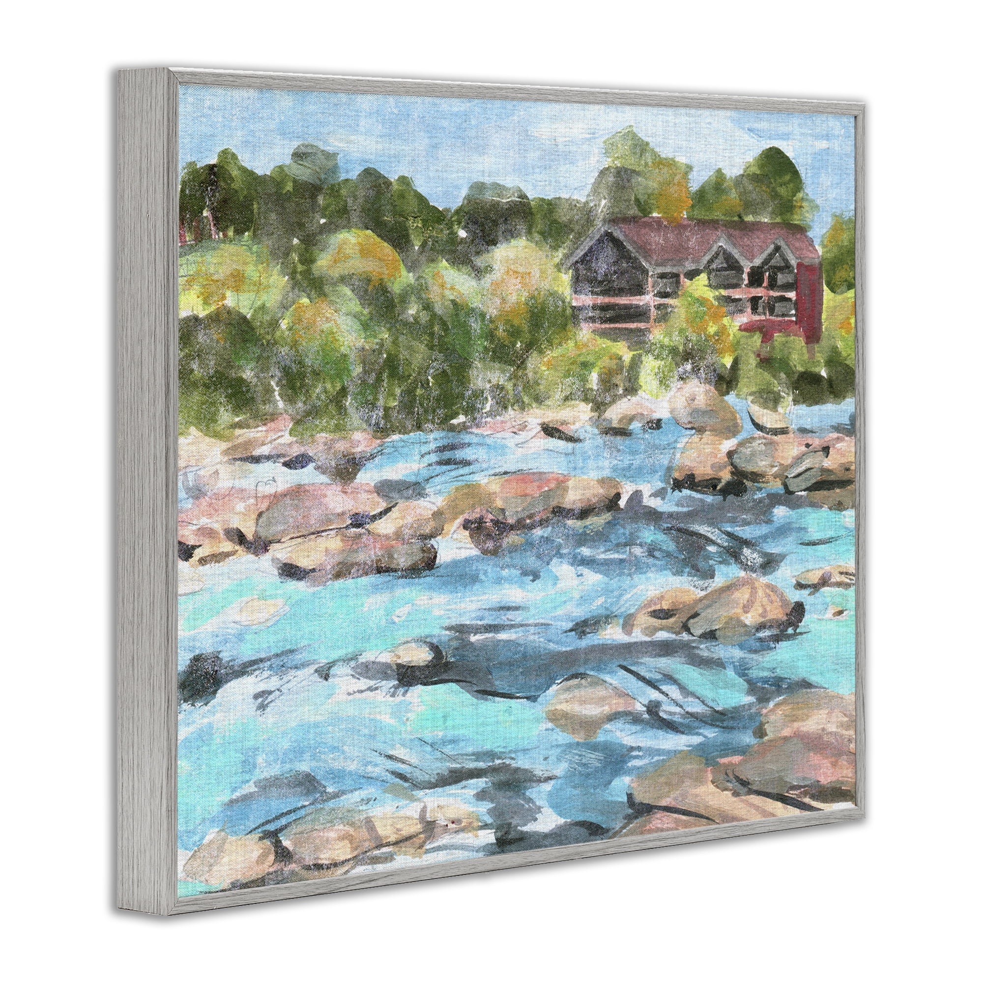 Stupell Industries Rocky River Landscape Landscape Painting Gray Framed Art Print Wall Art, 20 x 16