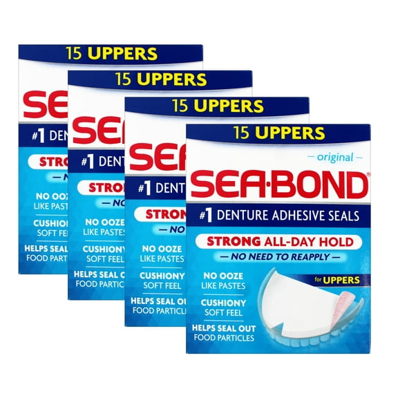 4 Pack - Sea Bond Secure Denture Adhesive Seals, Original Uppers, Zinc-Free, All-Day-Hold, Mess-Free, 15 Count