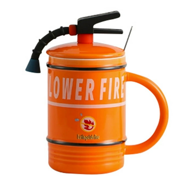 Tasse Rétro Amusante Motif Extincteur Tasse en Céramique avec Couvercle Cuillère Grande Capacité Tasse à Café Thé Lait pour Femmes Hommes