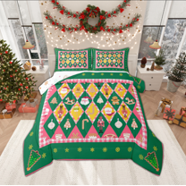 Manfei Kawaii Santa Claus Bedding Comforter Set for Kids, Green Checkered Plaid Twin Comforter Sets, Merry Christmas Reversible Bedding Set, Ultra Soft Home Decor, 2-Piece