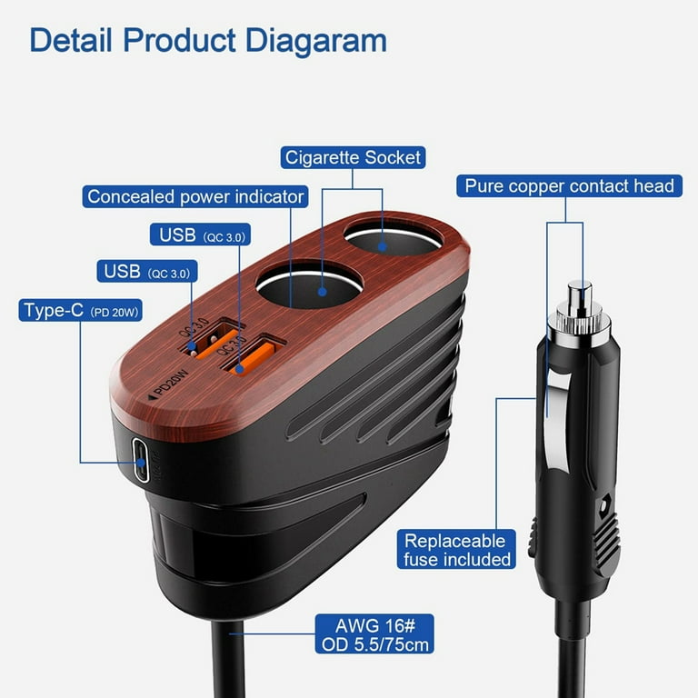 Quick Charge 3.0 Car Charger, 120W 2-Way Cigarette Lighter Splitter DC 12V  Power Adapter Socket Extension with Dual USB Quick Chargers for Sat Nav,  DashCam, iPhones, iPad, Android, Laptop