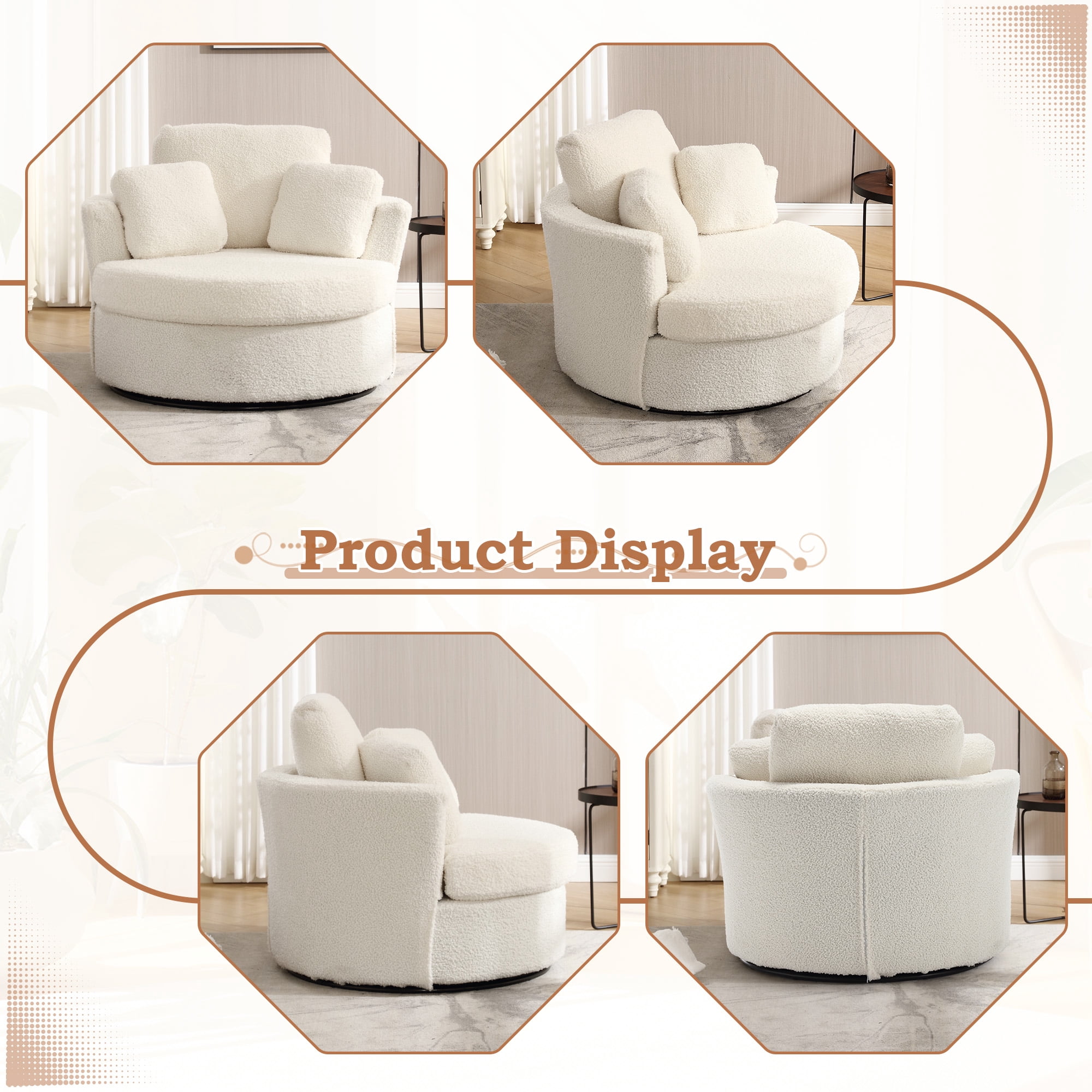 Muumblus Teddy Oversized Swivel Accent Chair Barrel Chair, 42.1" W Comfy Large Armchair with Pillows, Modern Leisure Sofa Chair for Living Room Bedroom, Ivory