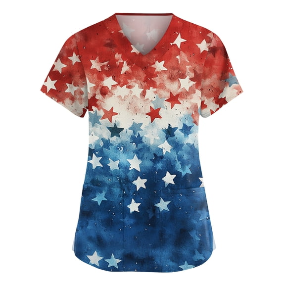 4th Of July Scrub Tops Women V Neck Short Sleeve American Flag Scrub Top Memorial Day Patriotic Blouses
