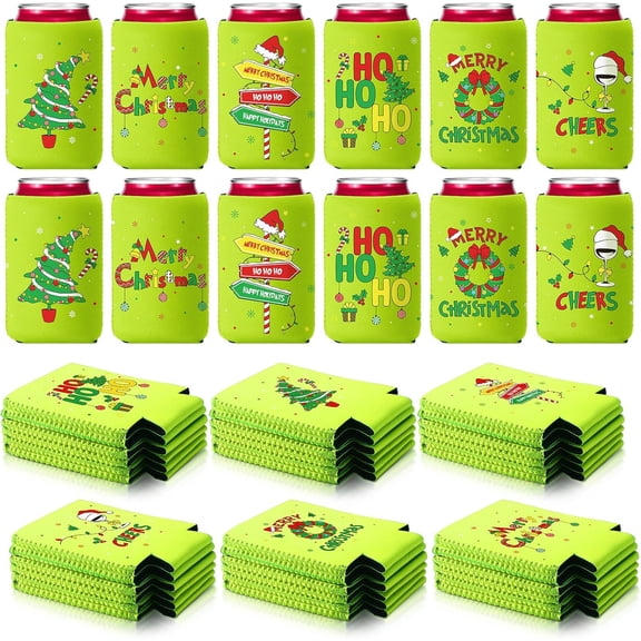 12Count Christmas Beer Can Cooler Sleeves 12 oz Elf Lime Green Can Sleeves Funny Insulated Neoprene Can Holders Bulk Xmas Soda Beer Drink Cover for Winter Holiday Party Decorations Supplies