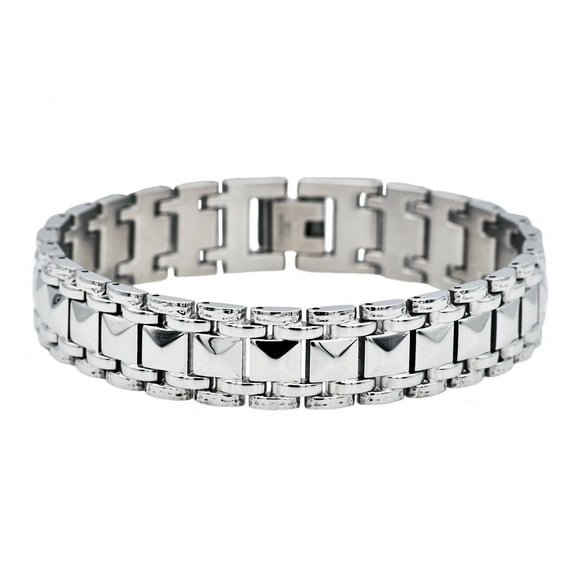 Arista Men's Classic Pyramid Link Bracelet in White Gold Plated Stainless Steel, 8.5"