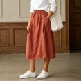 thumbnail image 5 of Women's Cotton Linen Midi Skirts Elastic Waist Front Button Solid Color A-Line Skirts Loose Causal Going Out Skirts with Pockets, L, 5 of 6