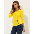 thumbnail image 2 of INSPIRE CHIC Women's Button Decor V Neck 3/4 Sleeve Ruch Top Lemon Yellow XL, 2 of 5