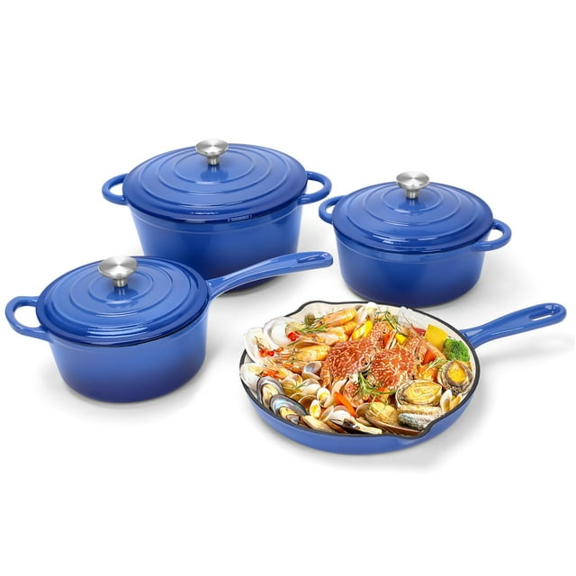Juego de utensilios de cocina de hierro fundido esmaltado antiadherente, 7 piezas de ollas y sartenes con tapa, sartén, cacerola y horno holandés para todo tipo de cocinas, sin PFA, ideal para hornear