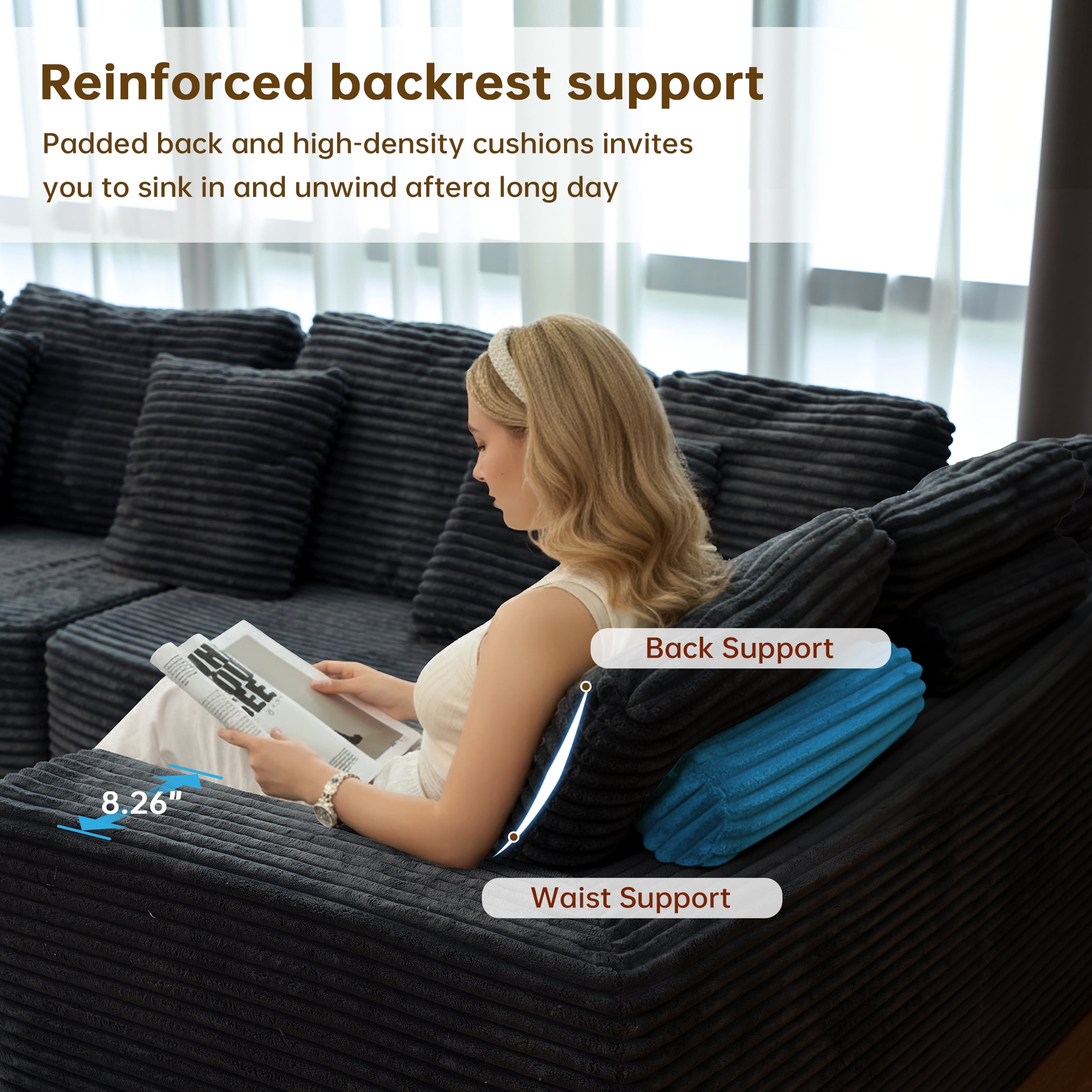 SEENYOO 135.5" Cloud Couch,Boneless Sectional Sofa for Living Room,Black U Shaped Couch with Chaise,6-Seater,Corduroy Fabric,Freely Configurable Layout