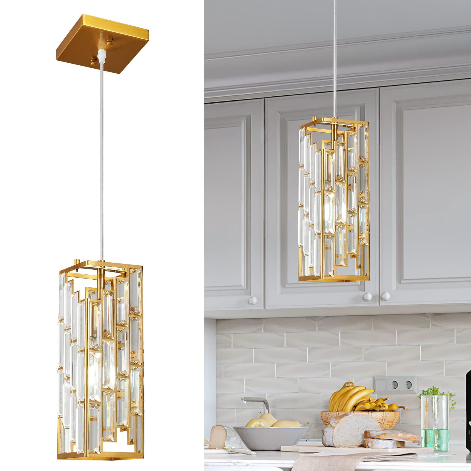ZHLWIN Gold Pendant Lighting Modern Pendant Light, Mini Crystal Chandeliers,Adjustable Pendant Light Fixture for Kitchen Island Dinning Room Bedroom, 2 Pack