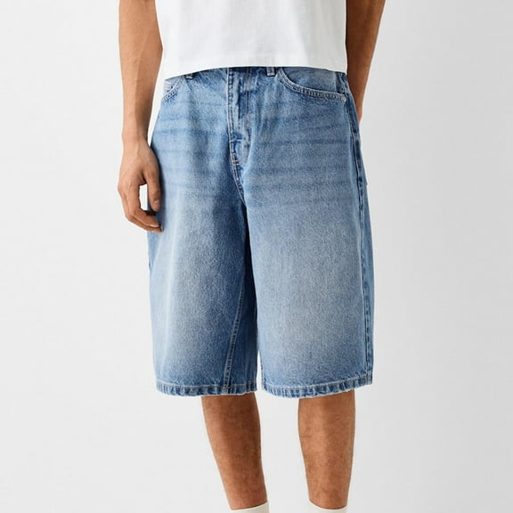 Donemore Men's Button & Zipper Closure Loose Fit Denim Shorts with Multiple Pockets, Casual Streetwear Mid-Length Cargo Shorts