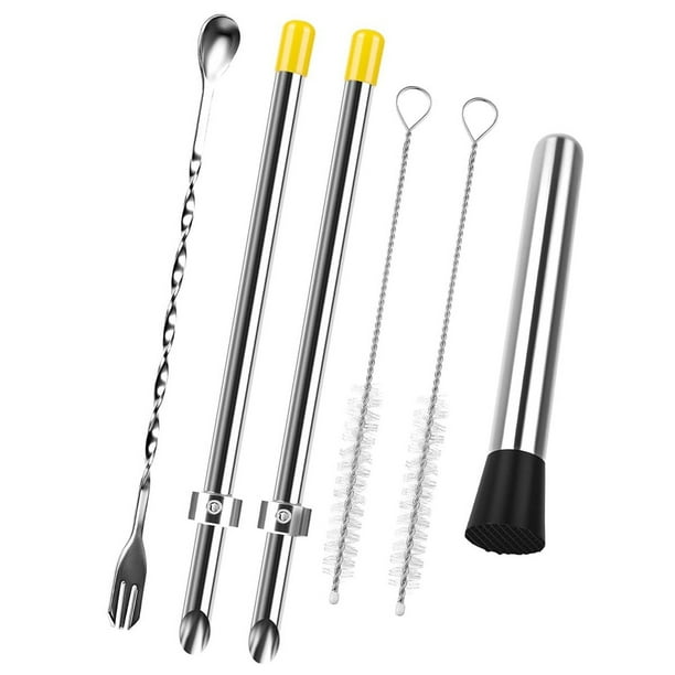 Kit Profesional de 6 Piezas para Puesto de Limonada. Incluye 2 Punzones para Pajitas, un Machacador, una Cuchara Mezcladora y 2 Cepillos para Limpiar Pajitas.