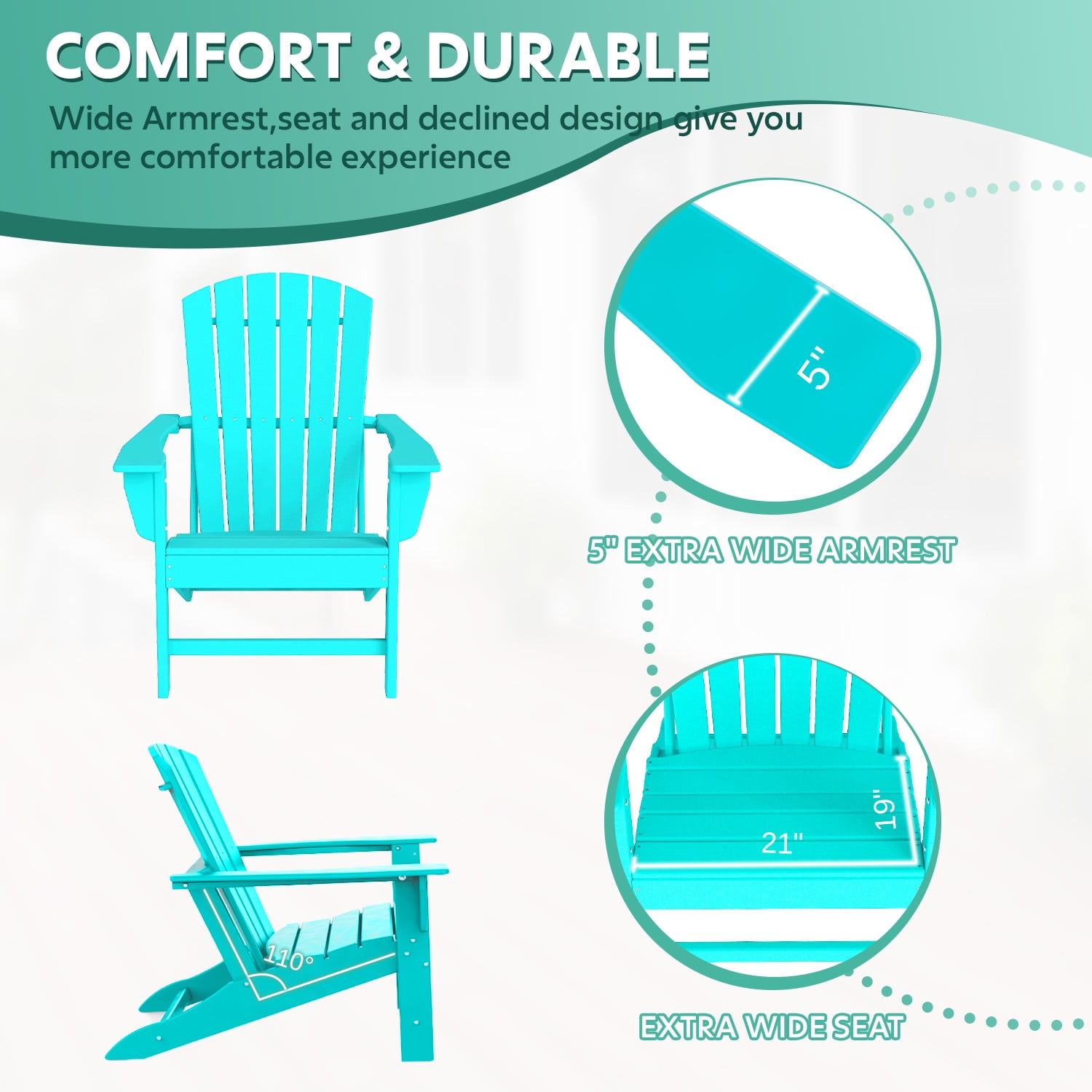 Hidpriva Set of 2 Adirondack Chairs, HDPE Weather Resistant Outdoor Chair w/ 400LBS Capacity for Patio, Garden and Fire Pit,Aqua