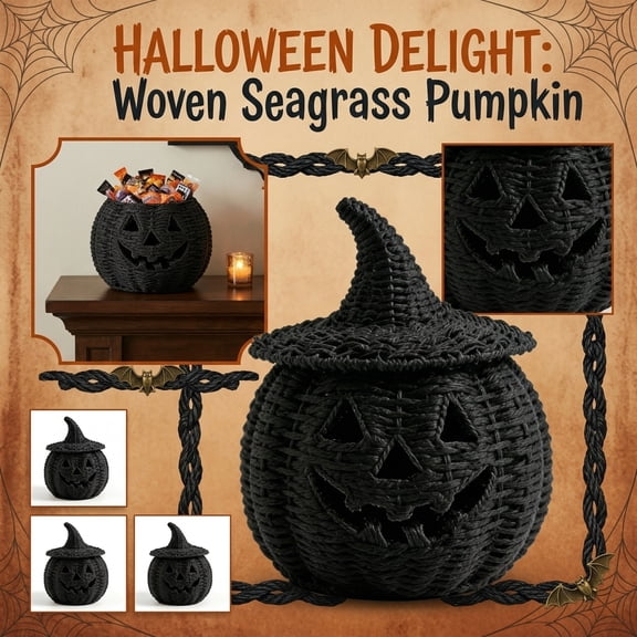 Black Wicker Jack-O-Lantern Pumpkin 11In, Woven Rattan Halloween Pumpkin with Witch Hat, Cutout Face Tabletop Decor for Porch Entryway Mantel
