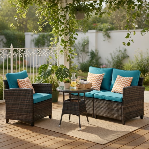 Topcobe 4 Pieces Outdoor Cushioned Rattan Furniture Set, Outdoor Furniture, Turquoise