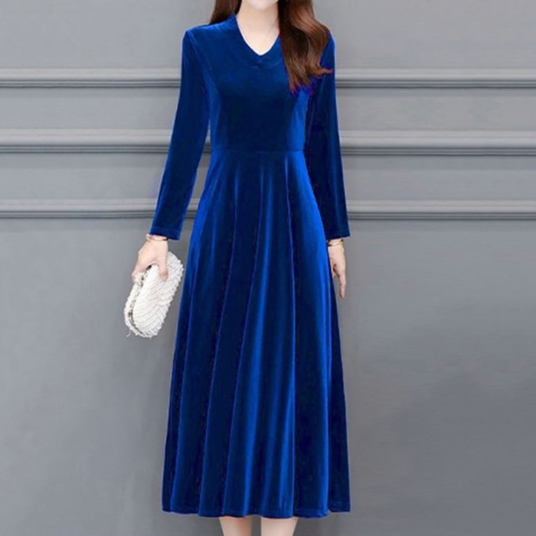 comerut Women Dress Solid Color Soft Long Sleeves Round Neck Big Hem Warm  Mid-calf Length Plus SIze Lady Prom Dress Female Garment - Walmart.com
