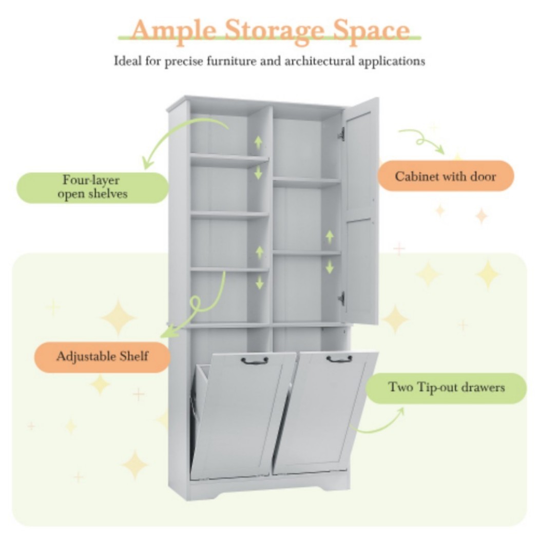 Bathroom Storage Cabinet with Doors and Drawers, Tall Laundry Hamper Cabinet with 2 Tilt-Out Baskets, Adjustable Shelves, Open Storage, Gray