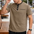 thumbnail image 2 of GrmtClth Shirts for Men Summer Henley Button T-Shirt Breathable Short Sleeve Top Work with Pocket Tee Collar Colorblock Camel M, 2 of 7