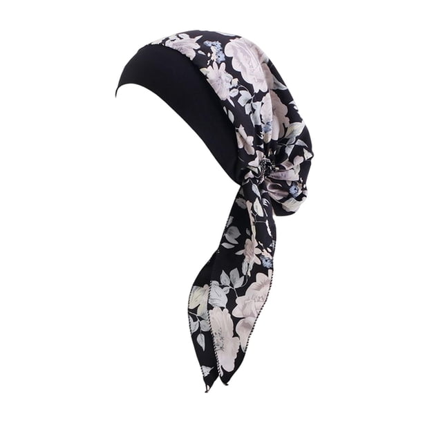 Turbante suave para mujer, gorro para dormir, turbante para dormir, pañuelo para la cabeza Flores Negro