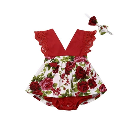 

wybzd 2Pcs Newborn Baby Girl Clothes Sleeveless V neck Lace Floral Bodysuit +Headband Summer Casual Outfits Red 18-24 Months