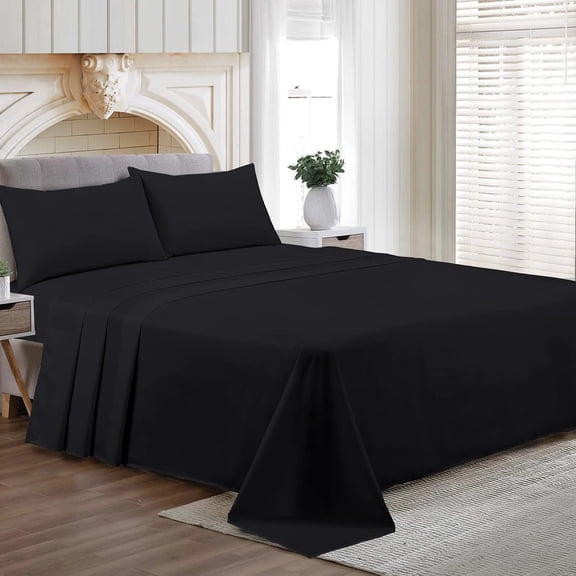 Alberta King Size Egyptian Cotton Family King Sheet Set Premium 800 TC Super Soft Family King Bed Sheets Black Solid 12 Inch Deep Pocket 4PC- 1 Flat Sheet, 1 Fitted Sheet & 2 Pillowcase