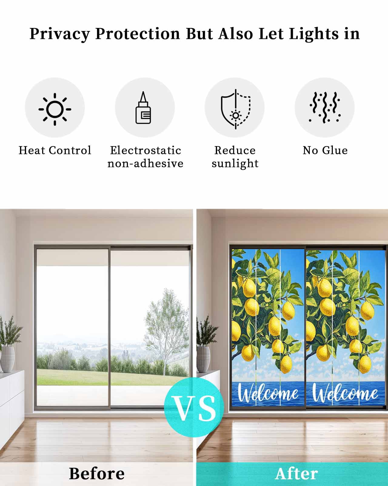 Window Privacy Film Coastal Lemon Stained Glass Window Film Decorative Sun Block Window Cover Summer Ocean Sea Yellow Fruits Leaf Tree Window Clings Static Adhesive Sticker for Bathroom 29.5"x78.7"