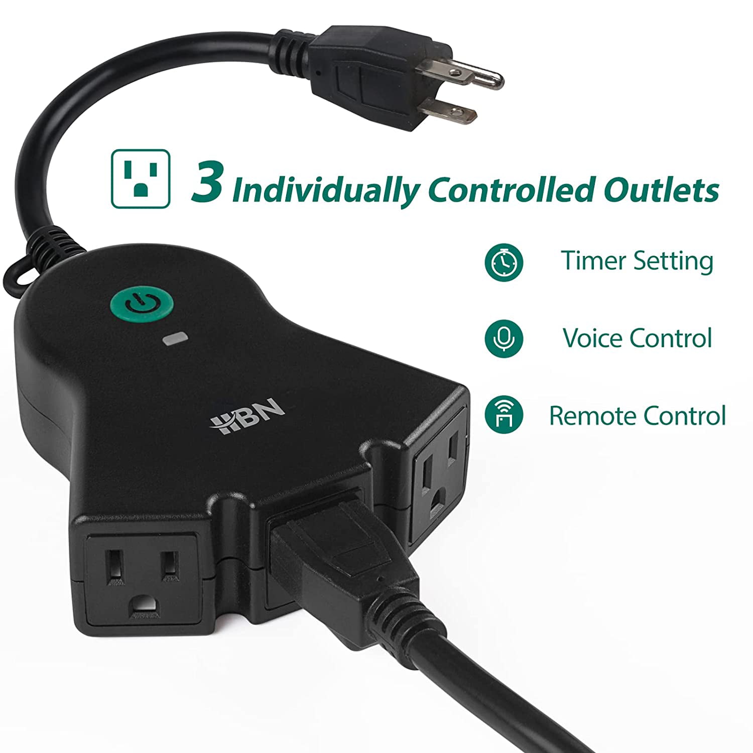 HBN Outdoor Indoor Wireless Remote Control Dual 3-Prong Outlet Weatherproof  Heavy Duty 15 A Compact 2 Grounded Outlets with Remote 6-inch Cord 100ft
