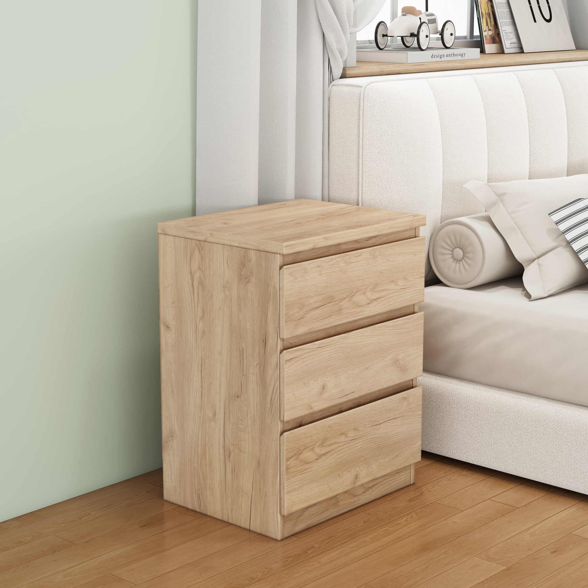 Modern Nightstand with 3 Drawers,Wooden End Table with Hidden Handle,Small Side Table Storage Cabinet for Bedroom,Living Room,Natural