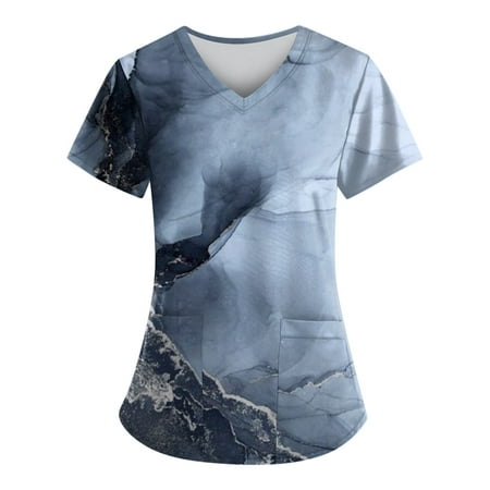 

Mlqidk Scrub Tops for Women Marble Printed Short Sleeve Nurse Working Uniform Summer V Neck Holiday Tunic Blouse with Pocket Navy S