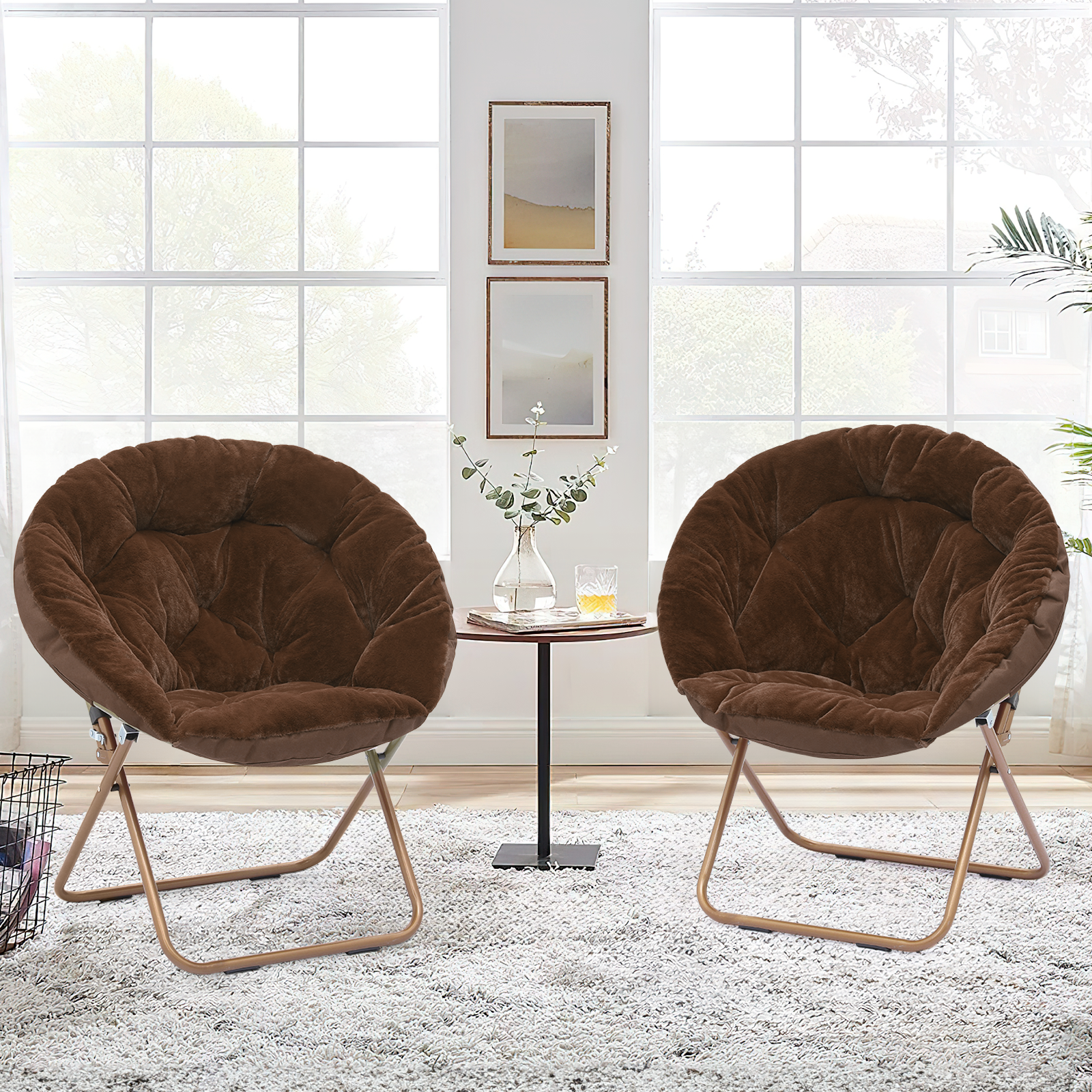 Magshion 2-Piece Folding Lounge Chair Comfy Faux Fur Saucer Chair, Cozy Moon Chair Seating with Metal Frame for Home Living Room Bedroom, Brown - image 3 of 10