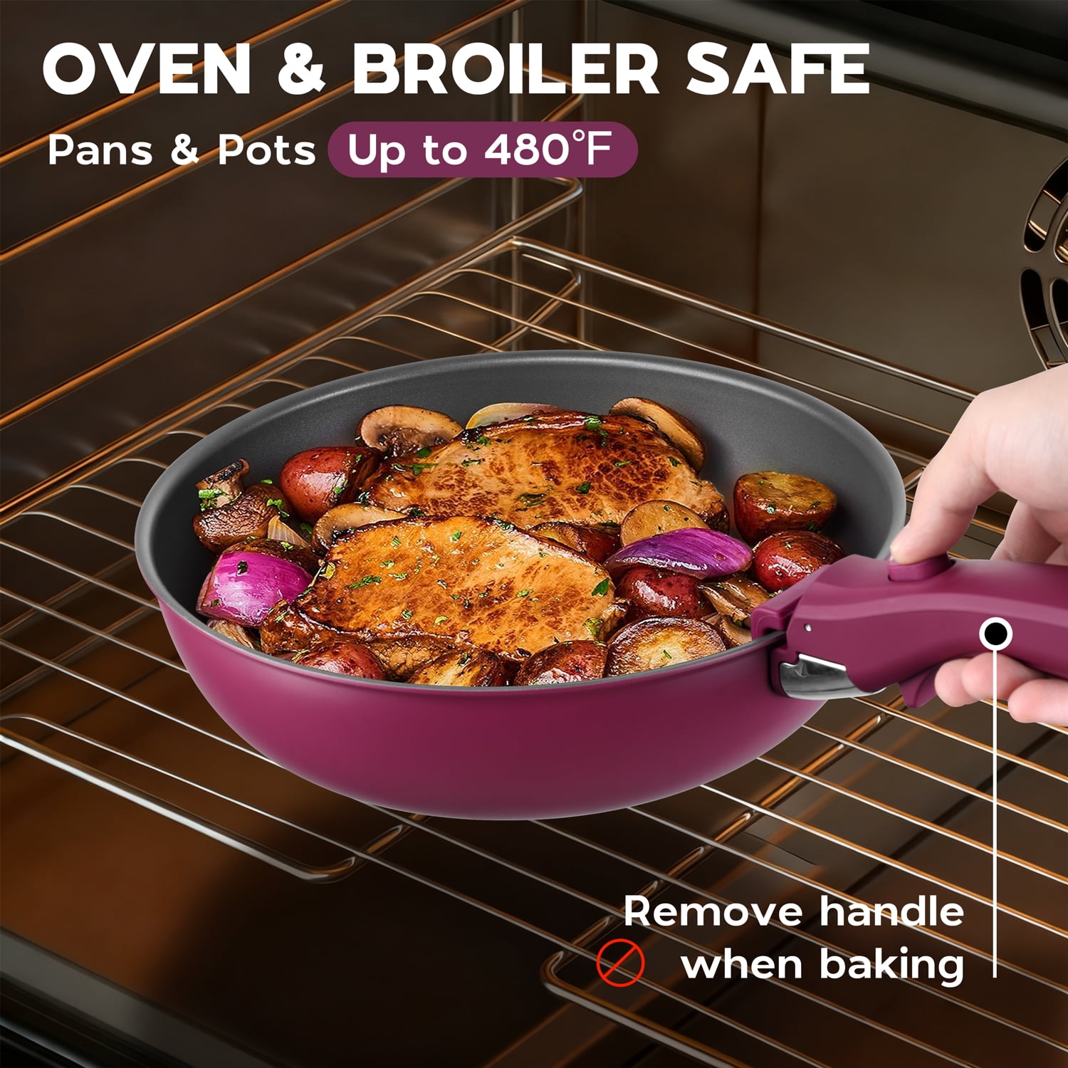 Walchoice 5Pcs Pots and Pans Set, Granite Nonstick Cookware Set with Detachable Handle, Stackable Kitchen Cooking Set with Saucepan Frying Pans, Induction Compatible & Oven Safe - Purple