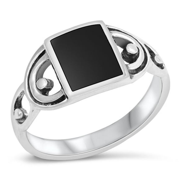 CHOOSE YOUR COLOR Simulated Black Onyx Cutout Swirl Square Ring 925 Sterling Silver Band CZ Female Size 9