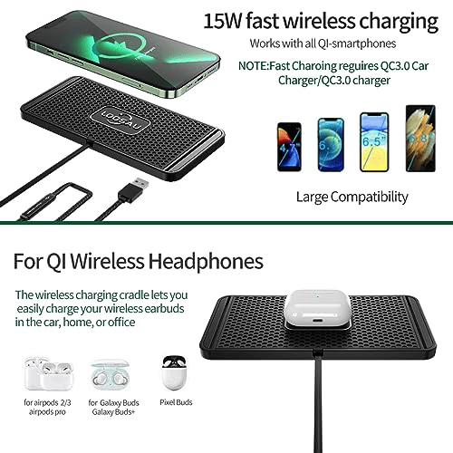 Saluqifa Wireless car Charger Charging pad 15w Non Slip FastCharger for car Wireless Phone Charger for Android for iPhone 11/12/13/14/15/16 Pro Max Xs,Samsung Galaxy S20, S10+ Note 9，LG