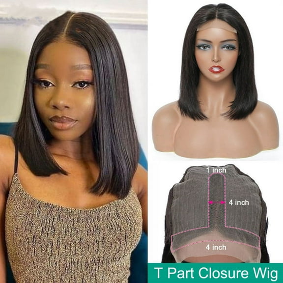 Bob Wigs Natural Black Human Hair Lace Part Wigs Pre Plucked 4×1 T Part Lace Front Wig Middle Part Short Straight Bob Wigs for Women 10inch