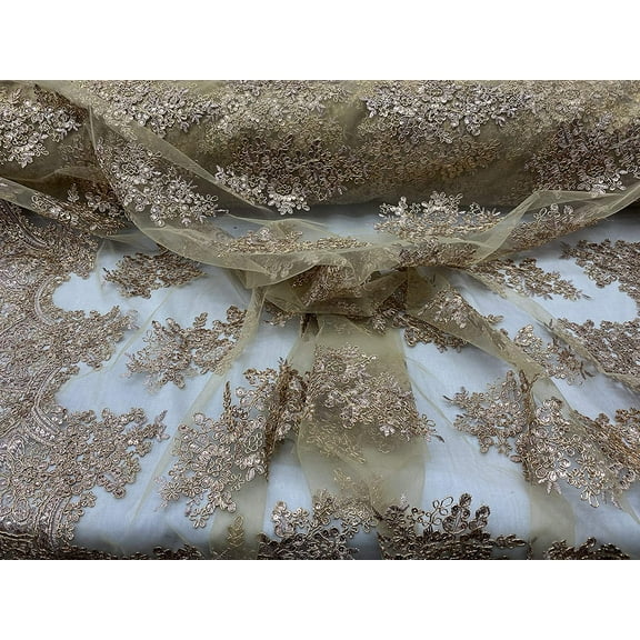 Valentina Textile Inc Sequin lace Fabric with embroderies on mesh VT-010 (1 Yard, Dusty Gold)