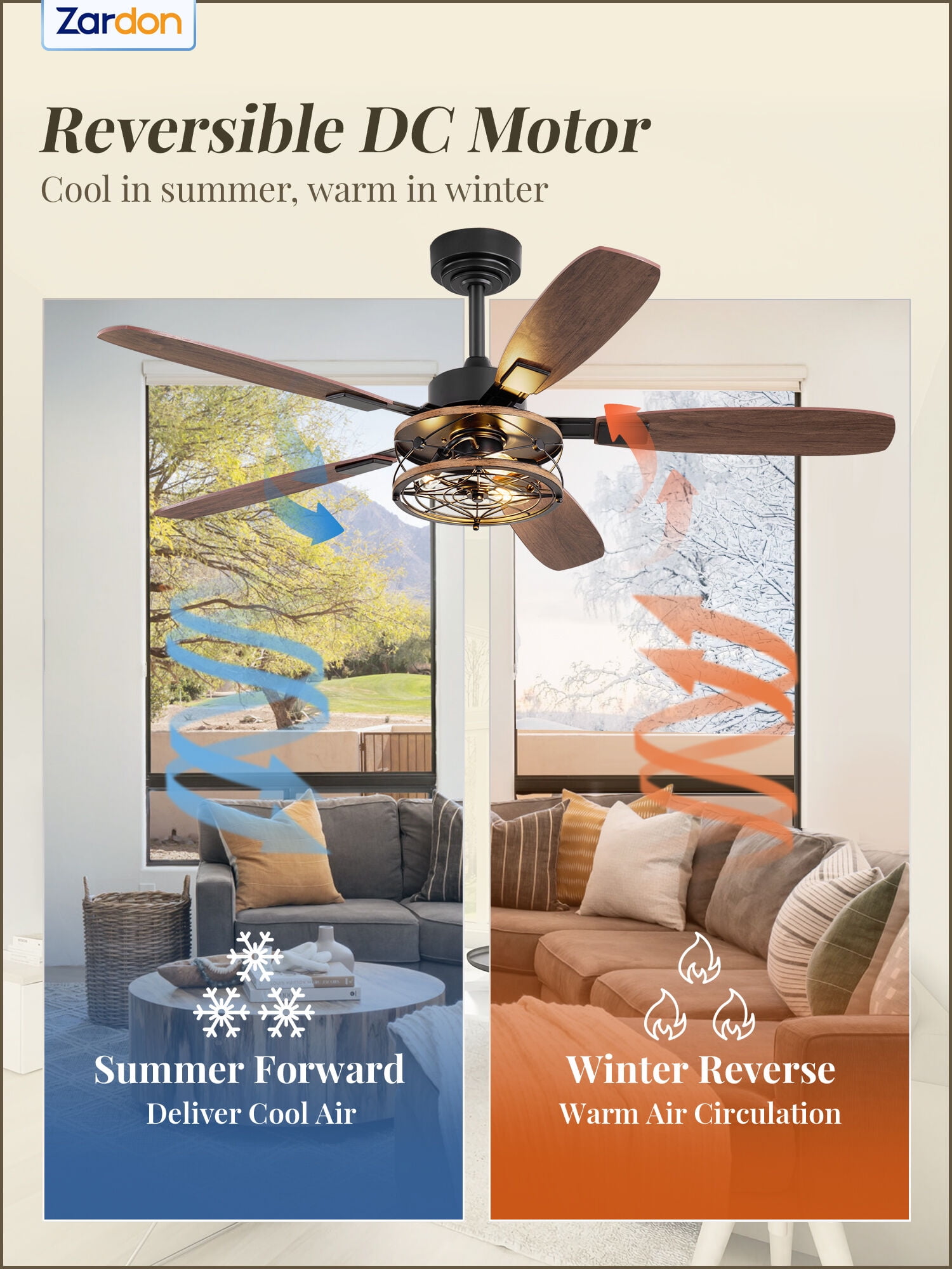 Zardon 52 Inch Farmhouse Ceiling Fan with Light and Remote Control, Quiet Reversible DC Motor, Closed Cage-like Shade, Dual-Finish Blades for Indoor