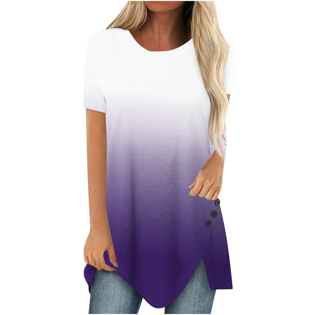 Pompotops Women Plus Size Button Printed Round Neck Short Sleeve Irregular T-shirt Blouse Tops