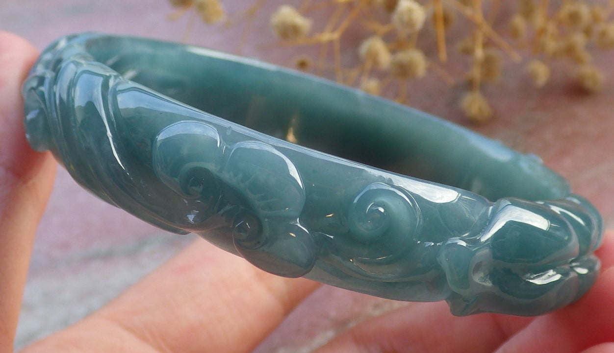 Icy Green Natural A JADE Jadeite Crab Coin Lotus Leaf Bangle Bracelet 62 mm 680598 TN