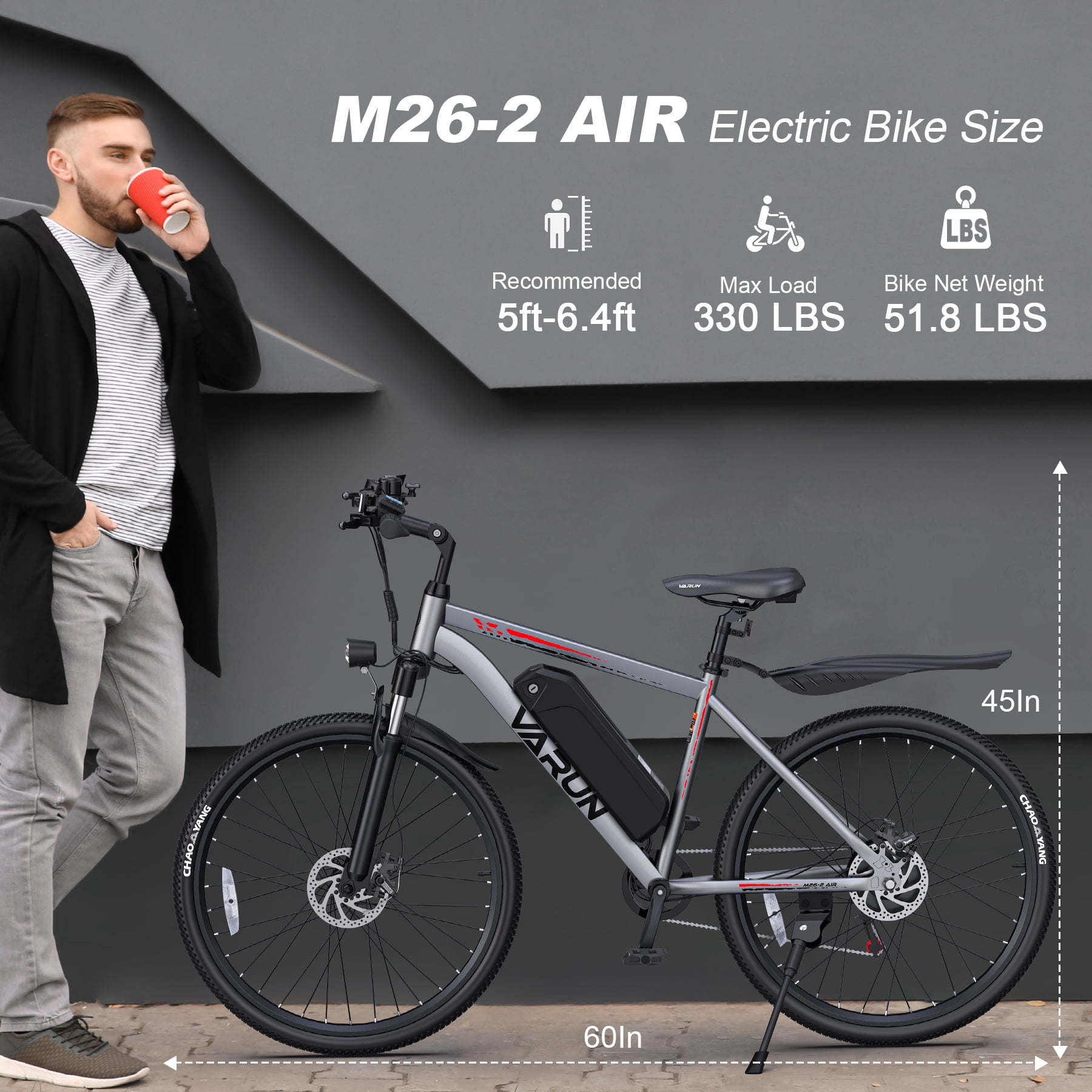 VARUN Electric Bike for Adults 26", 500W(Peak) E-Mountain Bike 36V Removable Battery UL2849, 20MPH Up to 40 Miles, 21-Speed Shimano Gears, Front Fork Suspension & Dual Disc Brakes